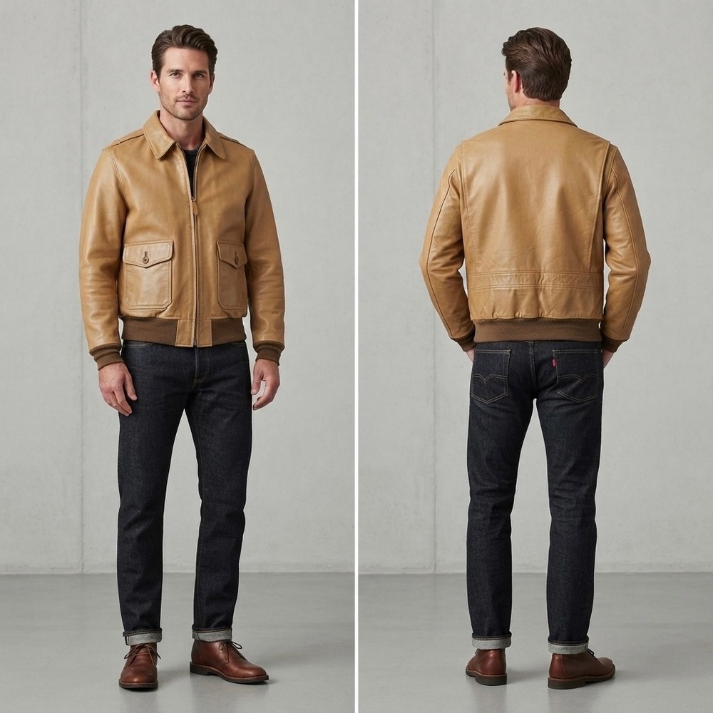 Daniel Cremieux Tan Brown Leather Bomber Jacket Mens Large Flight Coat Zip Up